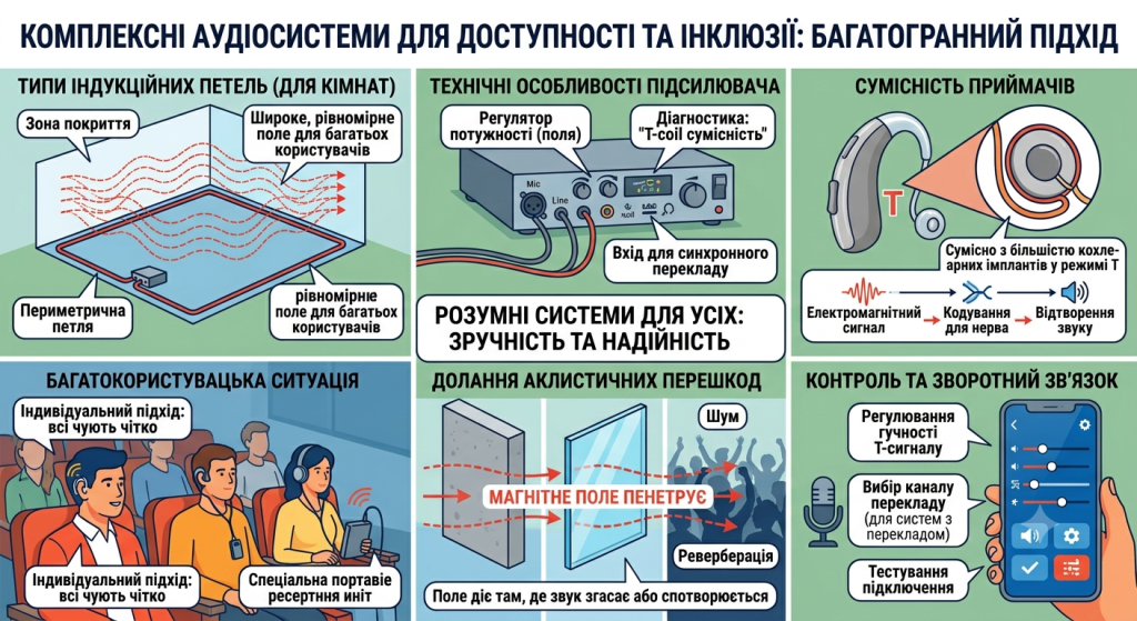 Деталізована інфографіка з шести панелей у стилі технічної ілюстрації. Загальний заголовок: "КОМПЛЕКСНІ АУДІОСИСТЕМИ ДЛЯ ДОСТУПНОСТІ ТА ІНКЛЮЗІЇ: БАГАТОГРАННИЙ ПІДХІД".

Панель "ТИПИ ІНДУКЦІЙНИХ ПЕТЕЛЬ (ДЛЯ КІМНАТ)" показує кабель під підлогою та магнітне поле в залі.

Панель "ТЕХНІЧНІ ОСОБЛИВОСТІ ПІДСИЛЮВАЧА" демонструє пристрій з роз’ємами Mic, Line, Loop, регулятором потужності та входом для синхронного перекладу.

Панель "СУМІСНІСТЬ ПРИЙМАЧІВ" ілюструє слуховий апарат із виділеною Т-котушкою та перетворення сигналу.

Панель "БАГАТОКОРИСТУВАЦЬКА СИТУАЦІЯ" показує глядачів у залі з різними пристроями прийому звуку.

Панель "ДОЛАННЯ АКУСТИЧНИХ ПЕРЕШКОД" демонструє, як магнітне поле проходить крізь бетон та скло, оминаючи шум.

Панель "КОНТРОЛЬ ТА ЗВОРОТНИЙ ЗВ'ЯЗОК" показує смартфон із програмою для вибору мови перекладу та тестування.`