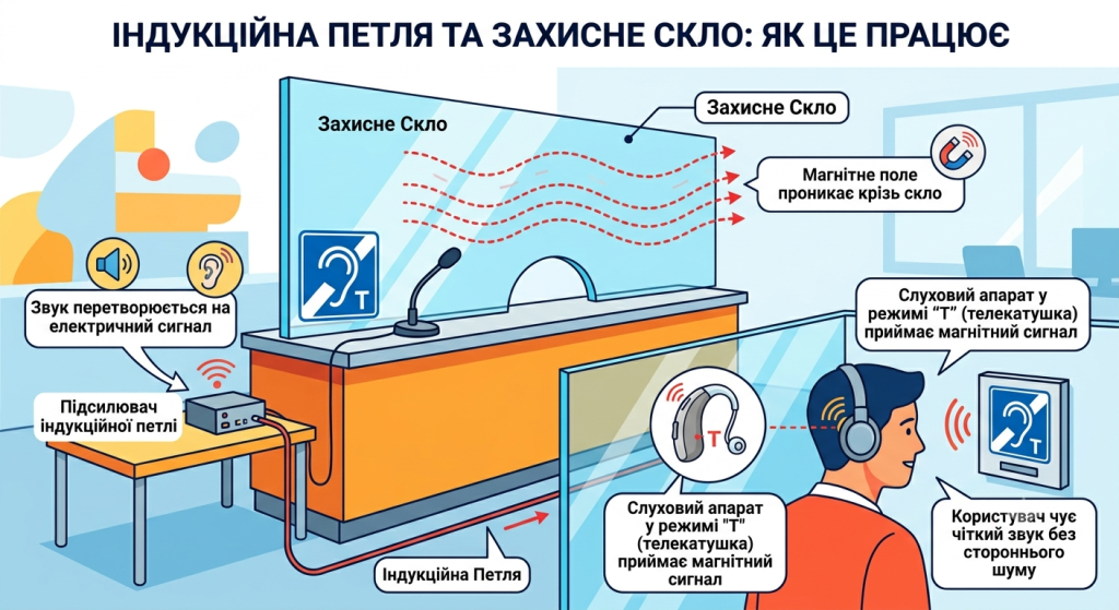 Інфографіка принципу роботи індукційної петлі: передача звукового сигналу від мікрофона та підсилювача через магнітне поле крізь захисне скло до слухового апарата в режимі Т.